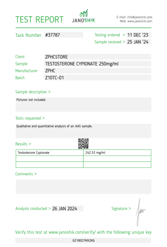 Teste de laboratório Cipionato de testosterona 250 mg ZPHC Janoshik