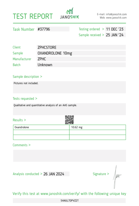 Teste de laboratório Oxandrolona 10mg ZPHC JANOSHIK