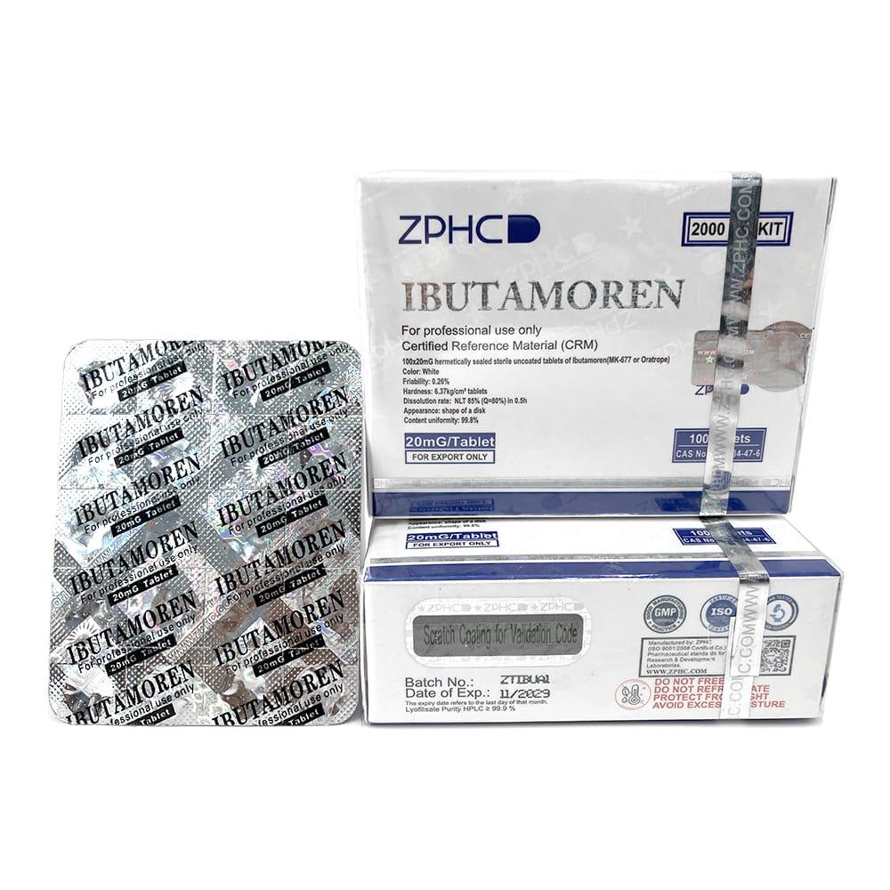 Blister mostrando 100 comprimidos de Ibutamoren ZPHC, cada dose de 20 mg de MK-677