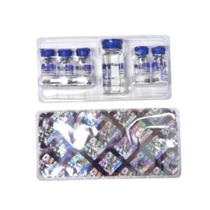 Caixa aberta com 5 frascos GHRP-6 ZPHC, total de 25 mg de peptídeo (5 mg cada)