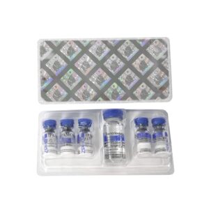 Caixa aberta com 5 frascos Ipamorelin ZPHC, total de 25 mg de peptídeo (5 mg cada)