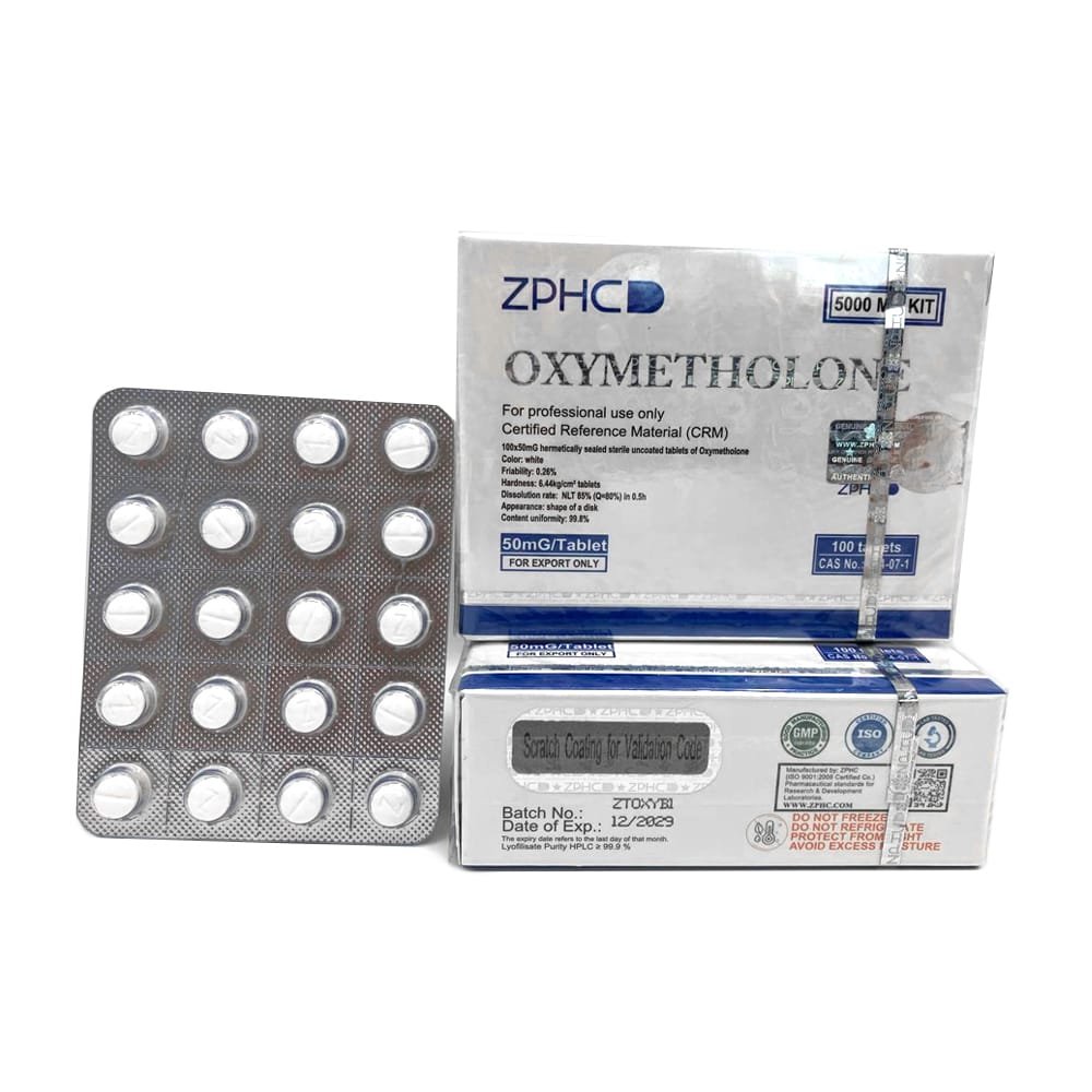 Bolha mostrando 100 comprimidos de oximetolona ZPHC, cada dose de 50 mg de Anadrol