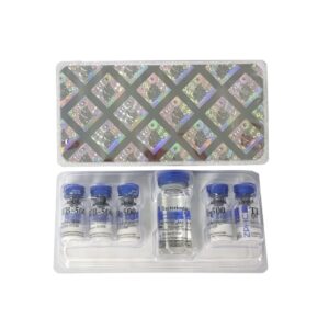 Caixa aberta com 5 frascos TB-500 ZPHC, total de 25 mg de peptídeo (5 mg cada)