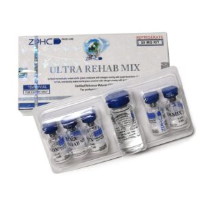 Caixa aberta com 5 frascos Ultra Rehab Mix ZPHC, total de 50 mg de peptídeo (cada frasco 10 mg: BPC-157 5 mg + TB-500 5 mg)
