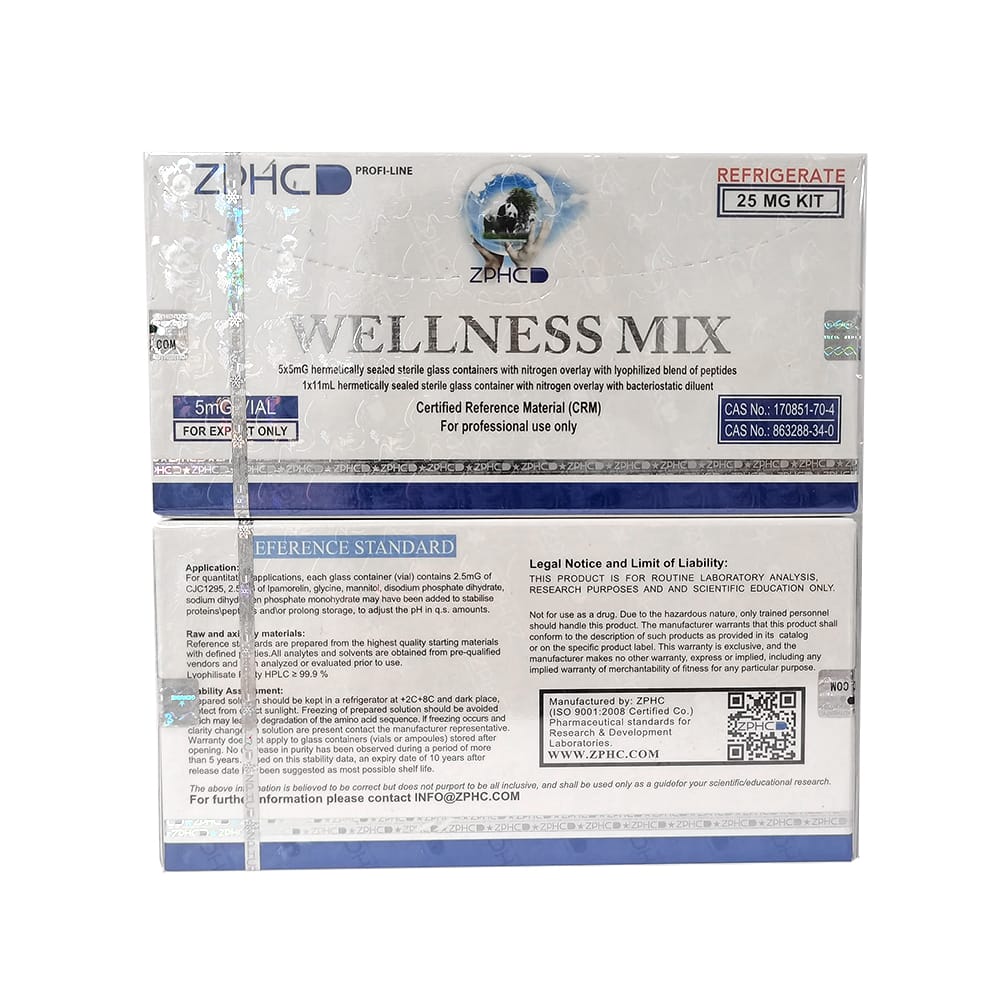 Parte traseira da caixa Wellness Mix ZPHC 25 mg com lista de ingredientes e informações de uso para Ipamorelin 2,5 mg + CJC-1295 2,5 mg