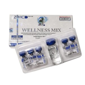 Caixa aberta mostrando 5 frascos Wellness Mix ZPHC 5 × 5 mg, mistura de Ipamorelin 2,5 mg e CJC-1295 2,5 mg