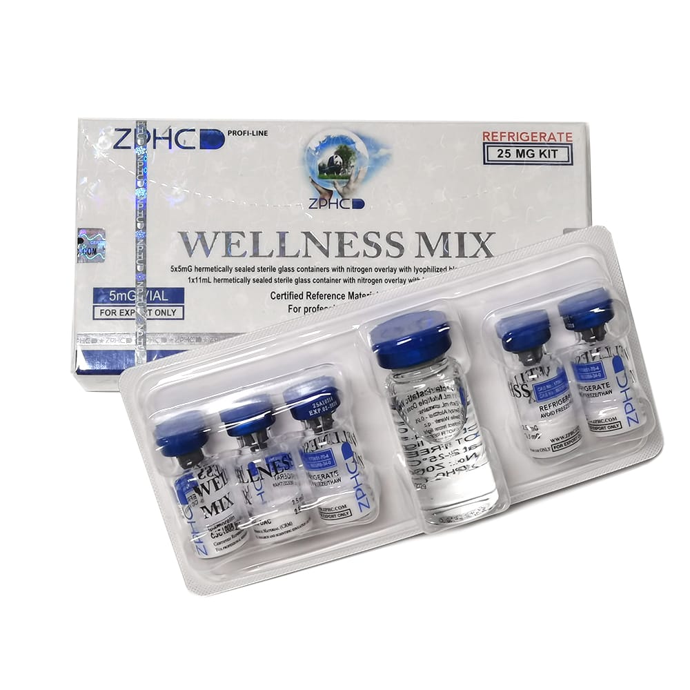 Caixa aberta mostrando 5 frascos Wellness Mix ZPHC 5 × 5 mg, mistura de Ipamorelin 2,5 mg e CJC-1295 2,5 mg